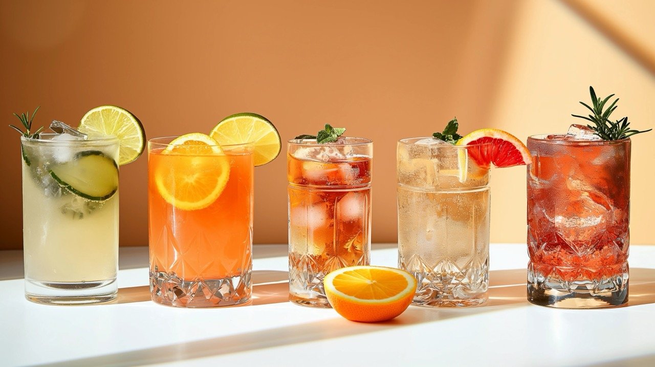 Bright Citrus Cocktails with Gin and Vodka – Stylish Stock Photo of Party Drinks and Beige Background