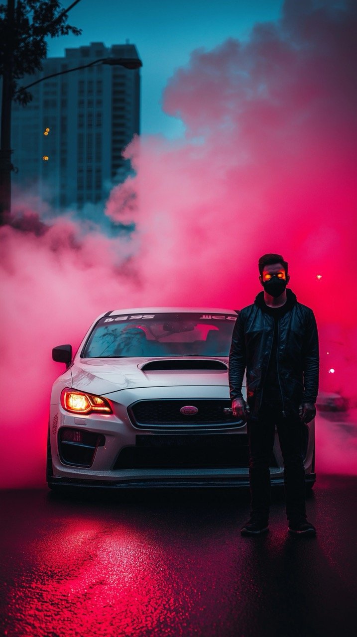 Bright Smoke Cloud and Car in Night Glow with Anonymous Man Standing, City Celebration Vibes