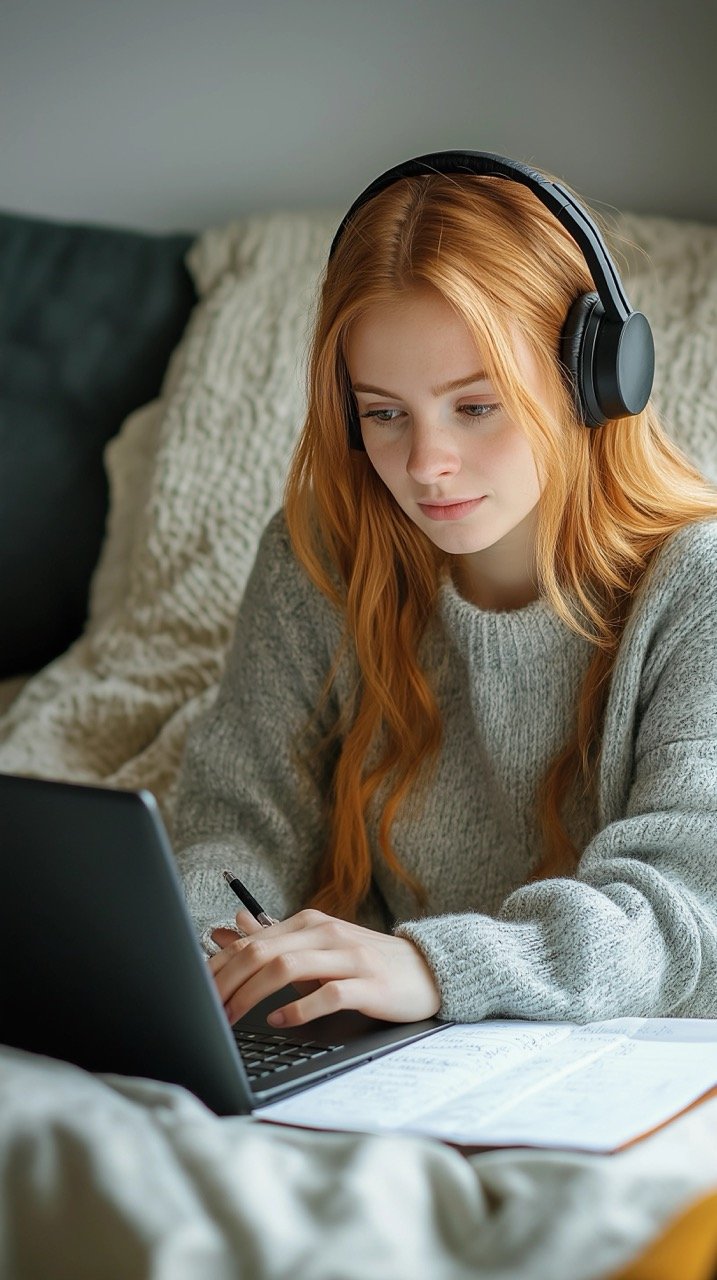 Busy Businesswoman on Bed, Taking Notes with Laptop and Headphones, Comfortable Work-from-Home Setup