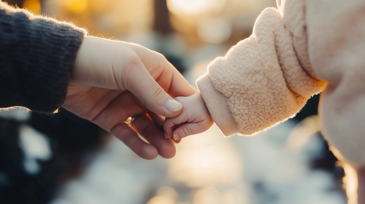 Caucasian Person Holding Baby’s Hand in Warm Fall Sunlight, Close-Up of Tender Family Moment