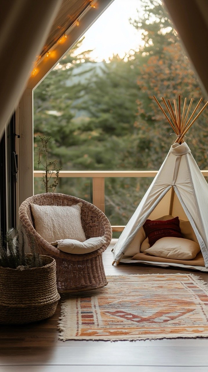 Charming Terrace Room with Wicker Furniture and Wigwam, Cozy Design with Armchair and Decorative Cushions