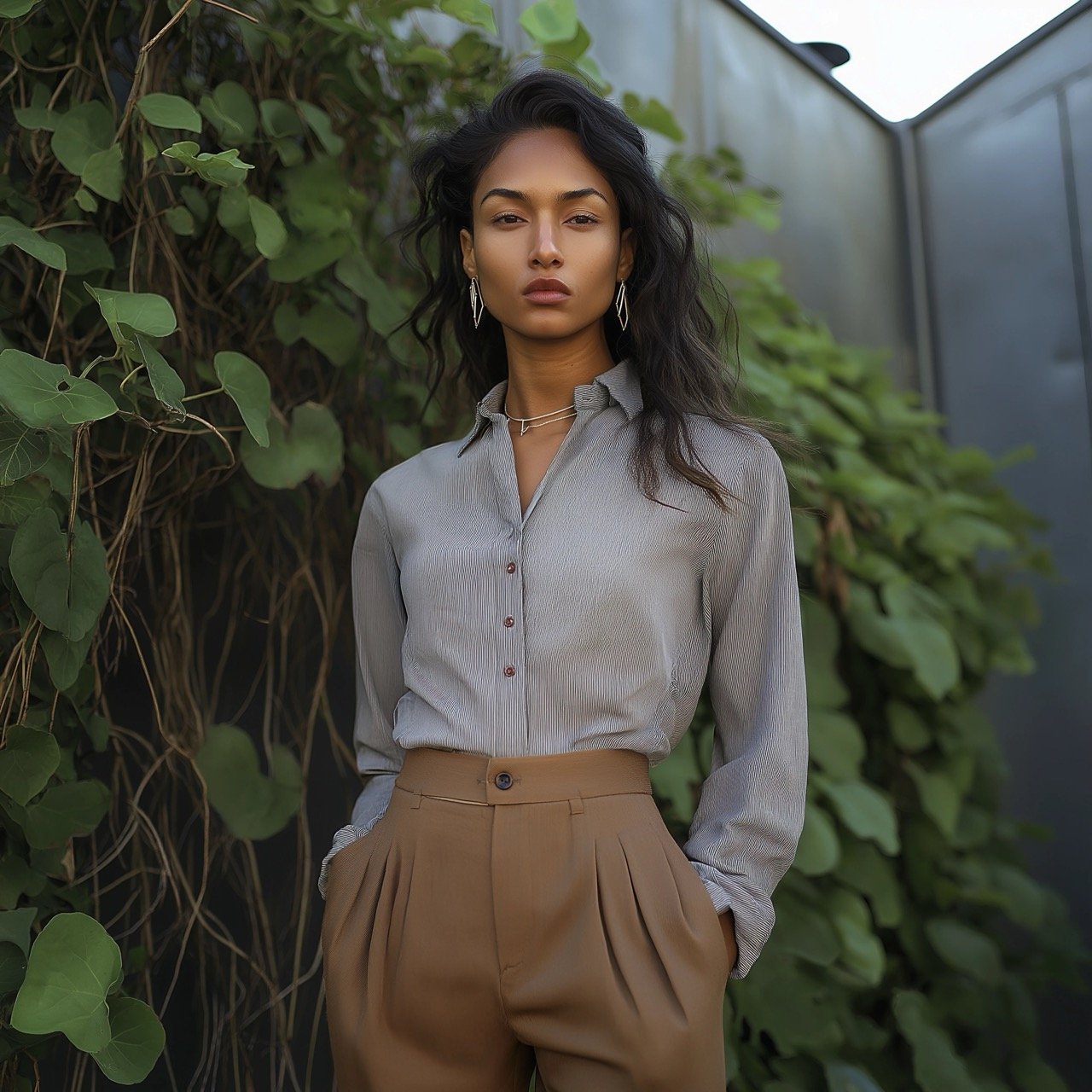 Chic Woman in Gray Shirt and Brown Pants Against a Bush Background – Fashion in Los Angeles