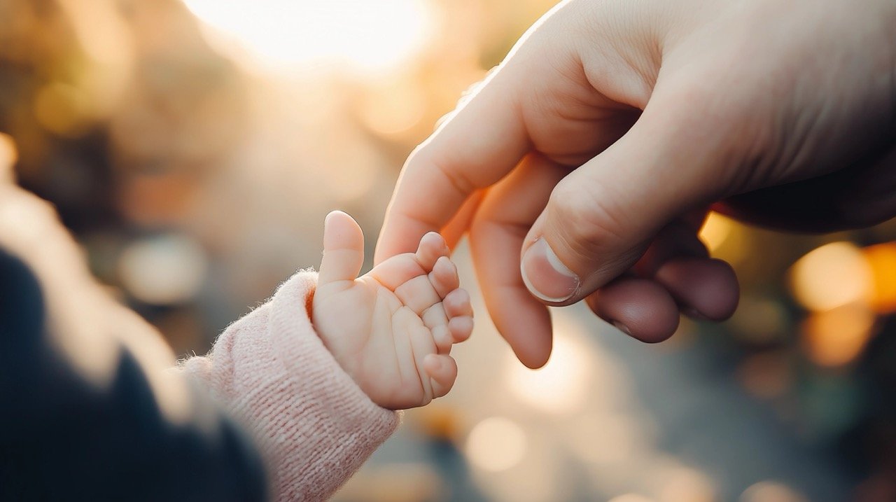 Close-Up of Person Grasping Baby’s Tiny Hand, Family Detail in Warm Fall Sunlight and Pink Tones