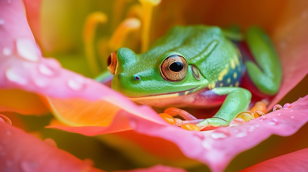 Colorful Green Frog with Pink Rose HD Animal Pictures, Flower Images, Amphibians, Nature Wallpapers Large