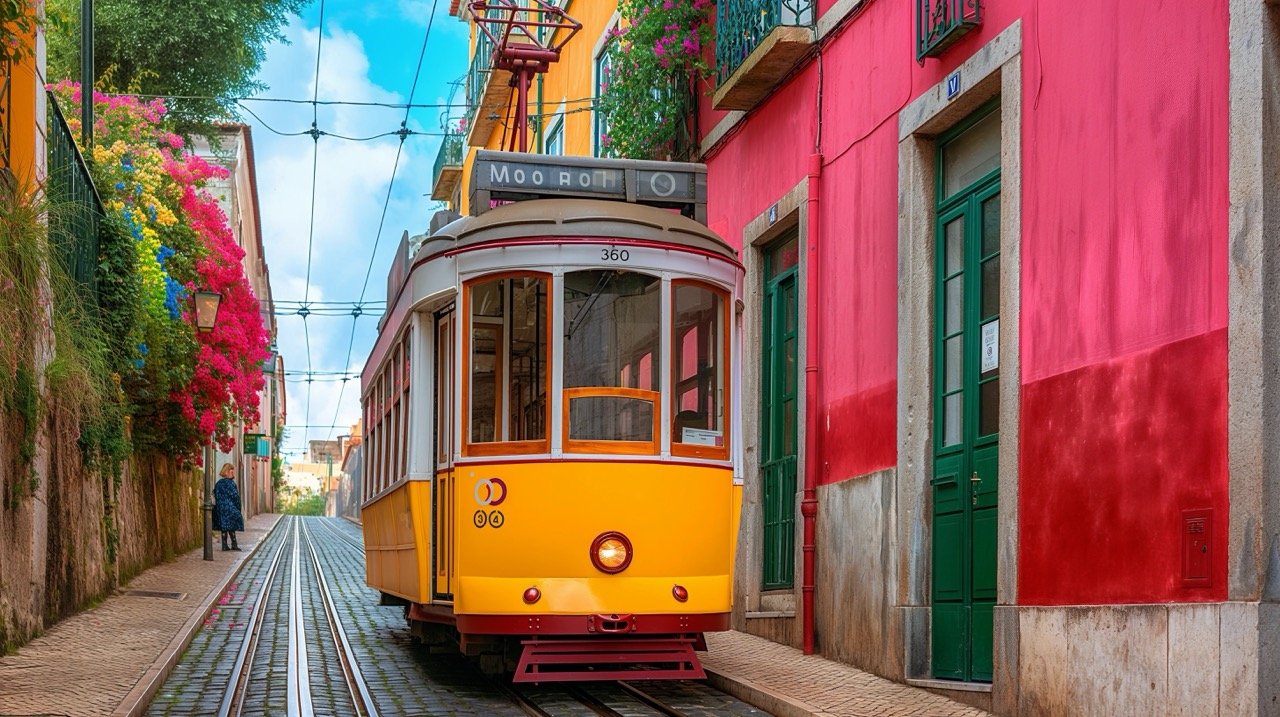 Colorful Yellow Tram in Lisbon – Premium Portugal Stock Photo for Urban Travel Enthusiasts