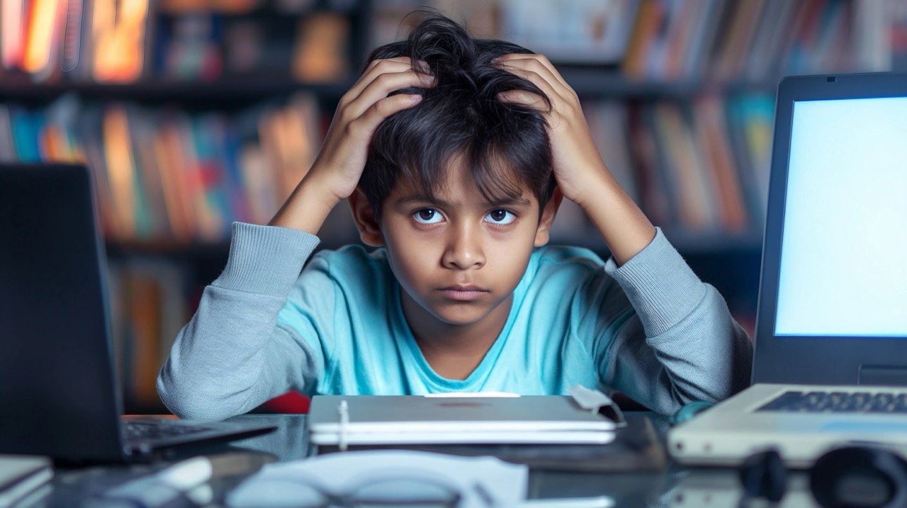 Concerned Teenager with Hands on Head, Gazing at Computer Screen Anxiety and Sadness in Students