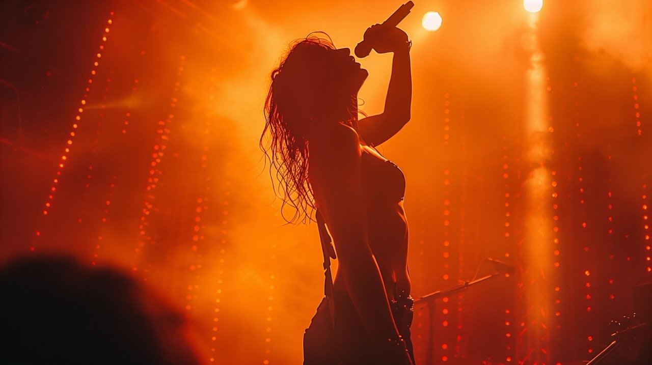 Concert Silhouette of a Female Singer – Rock and Roll Performance at Trabendo, Paris with Stage Lights