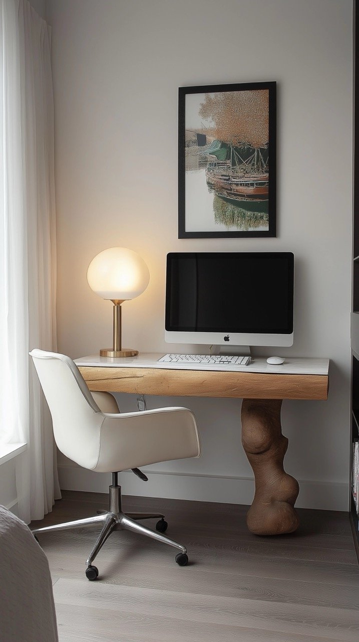 Contemporary Desk with Stainless Steel Table Lamp and Flat Screen, White Wall, and Cozy Chair