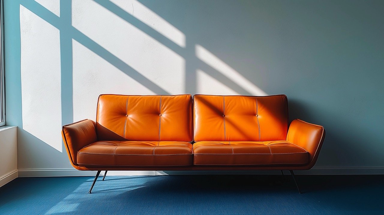 Contemporary Orange Leather 2-Seat Sofa Against Wall, Modern Interior Design with Stylish Shadows