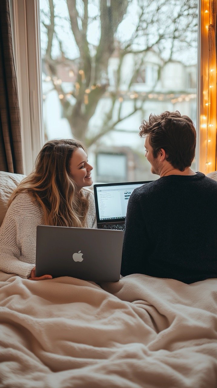 Couple Using Laptop on Bed Family, Technology, Electronics, and Home Comfort with Grey Cushion