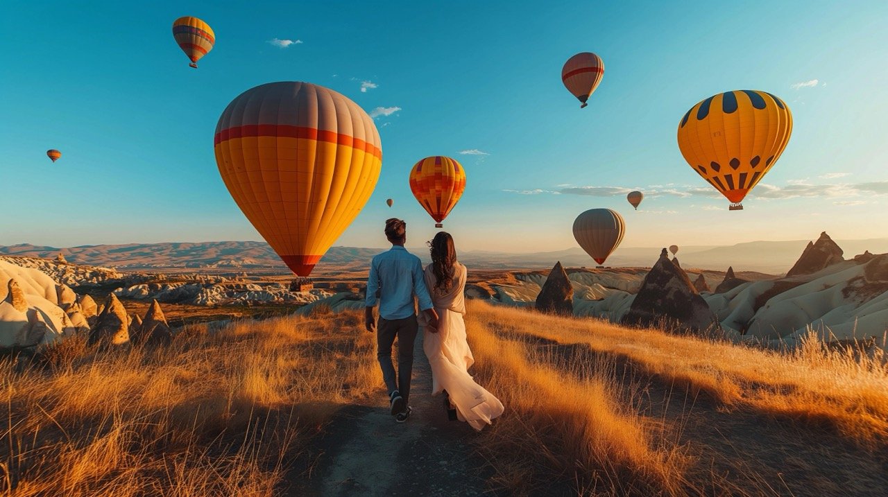 Couple in Love on Honeymoon | Proposal Amidst Balloons in Cappadocia | Turkey Travel | Romantic Balloon Ride Photo