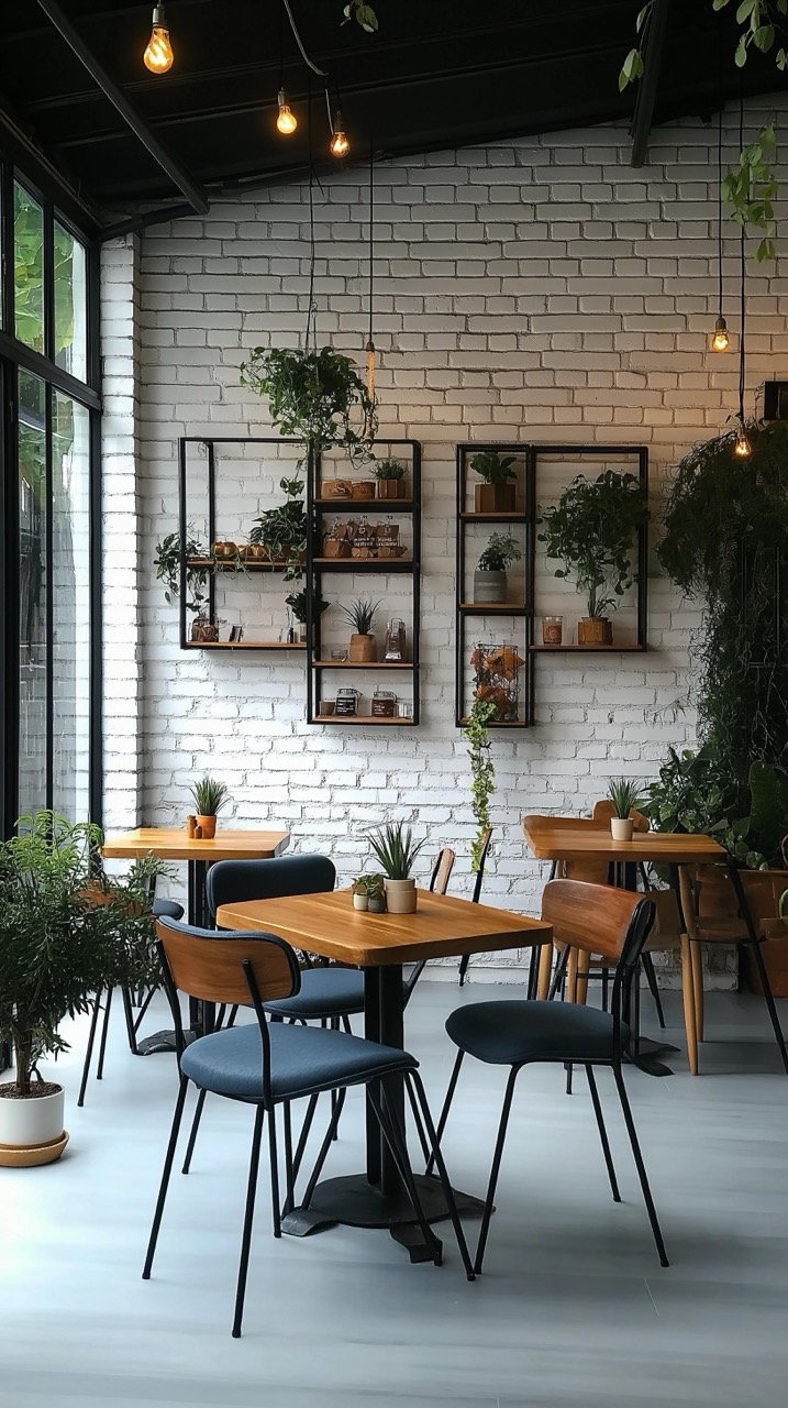 Cozy Room Interior with Bar Cafe Chairs and Tables, Brick Wall, Modern and Comfortable Design