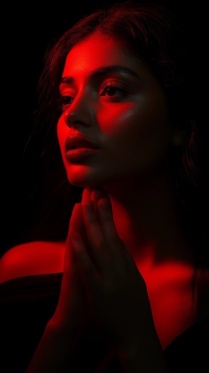 Dark Portrait of Woman Holding Hands, East Azerbaijan Province, Tabriz, Iran with Red Aesthetic and HD Quality