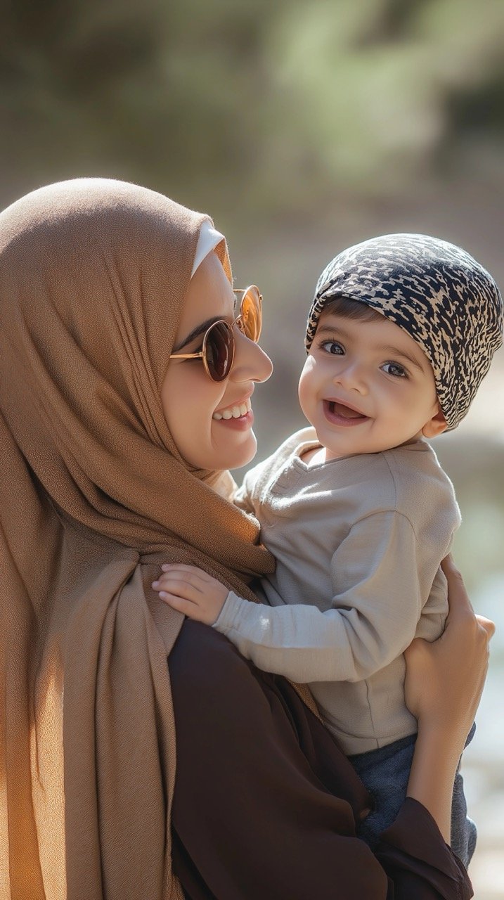 Daytime Family Photo Middle Eastern Mother Holding Boy, Sunglasses in the Air, Mom and Son Embrace