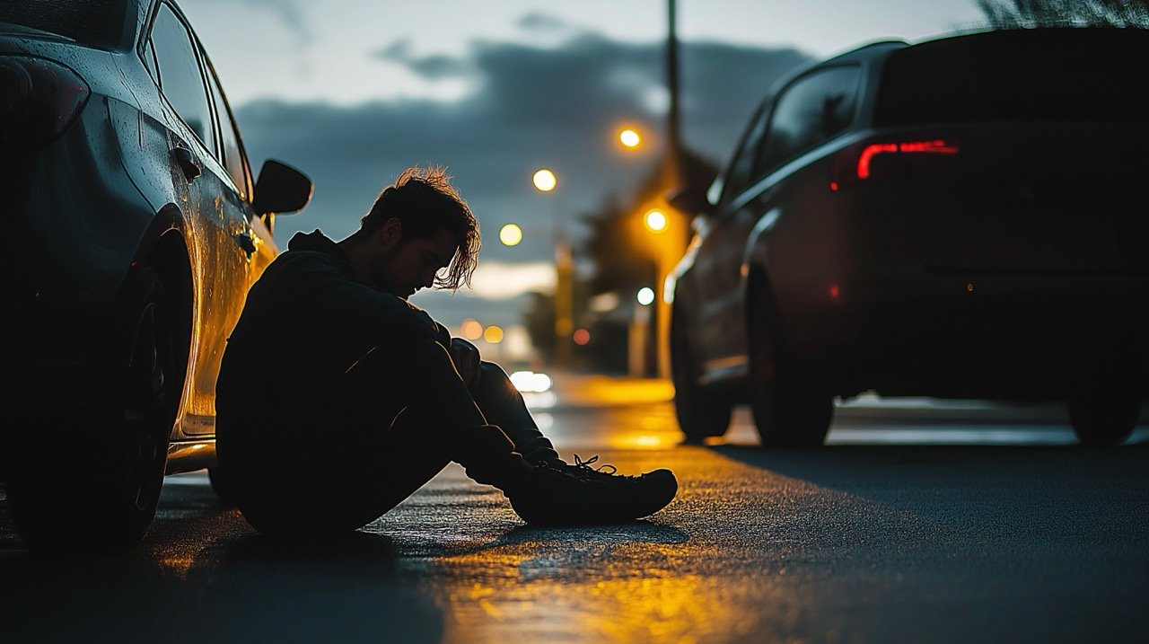 Depressed Man Sitting on Asphalt Near Parked Car, Evening Mood, City Calm and Quiet