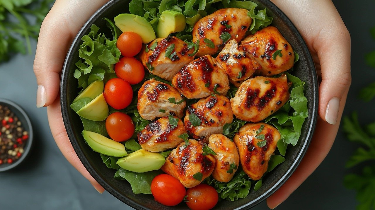 Detox Buddha Bowl with Grilled Chicken and Fresh Vegetables Tomato, Avocado, Lettuce, Spinach on White