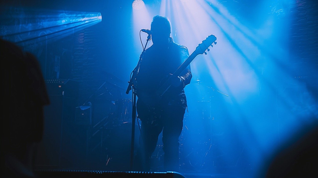 Dramatic Silhouette of Guitarist in Paris – Rue Du Château D’eau Concert Stage Light Live Music