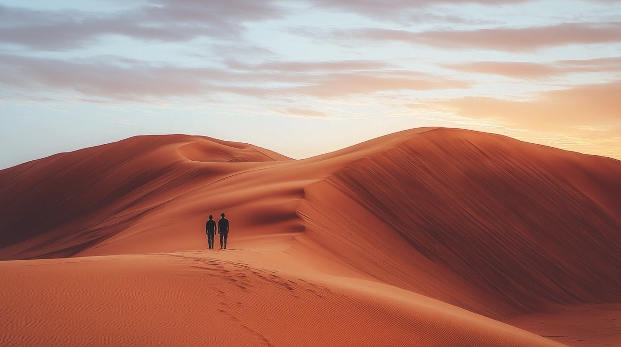 Earthy Desert Landscape at Sunset Two People in Namib Sand Dunes, Ideal for Cool Desktop Backgrounds