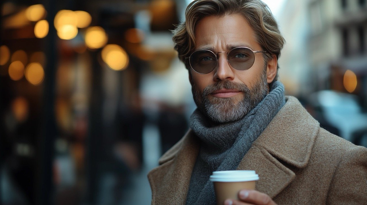 Elegant Downtown Gentleman with Sunglasses and Coffee Cup – Modern Fashion and Handsome Look