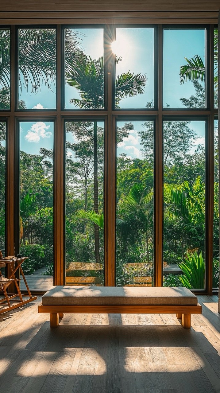 Elegant Villa Interior with Expansive Windows Overlooking Lush Tropical Forest, Cozy and Idyllic Design