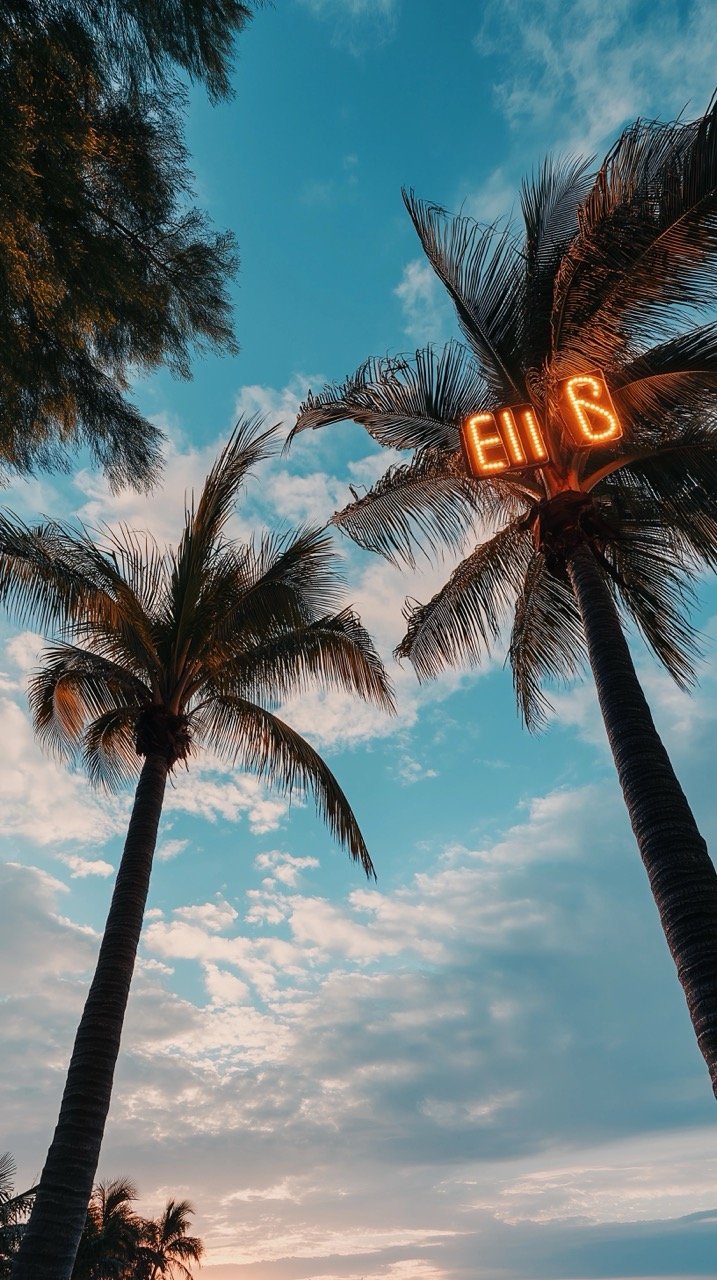 Evening Summer Vibe Worm’s Eye View Capture of Lush Coconut Trees and Vibrant Sunset Sky