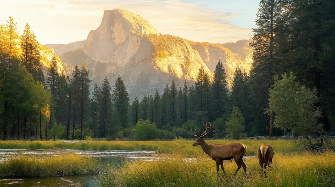 Evening in Yosemite Valley Two Brown Deer Beside Trees and Mountain, Summer Vibe Nature Landscape Wallpaper