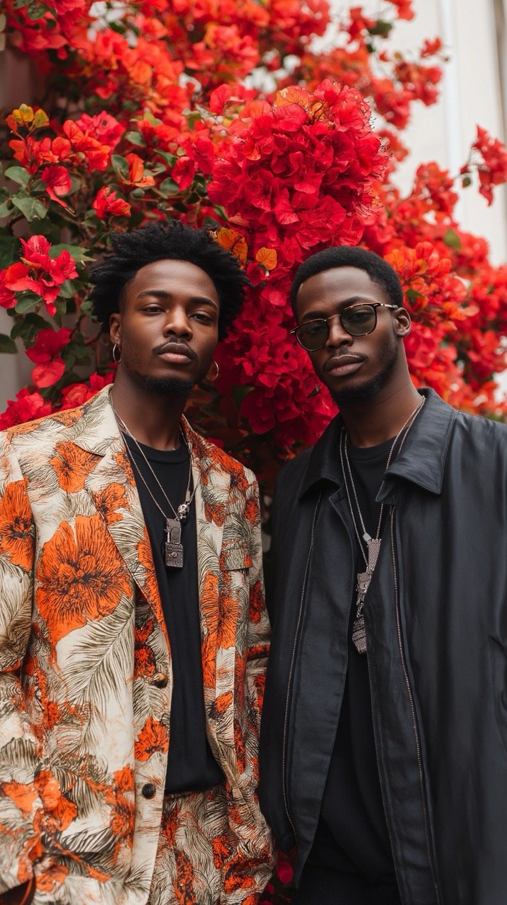 Fashionable African Men Standing on Red Flowers Against Gray Metal Wall in Lagos Outdoors