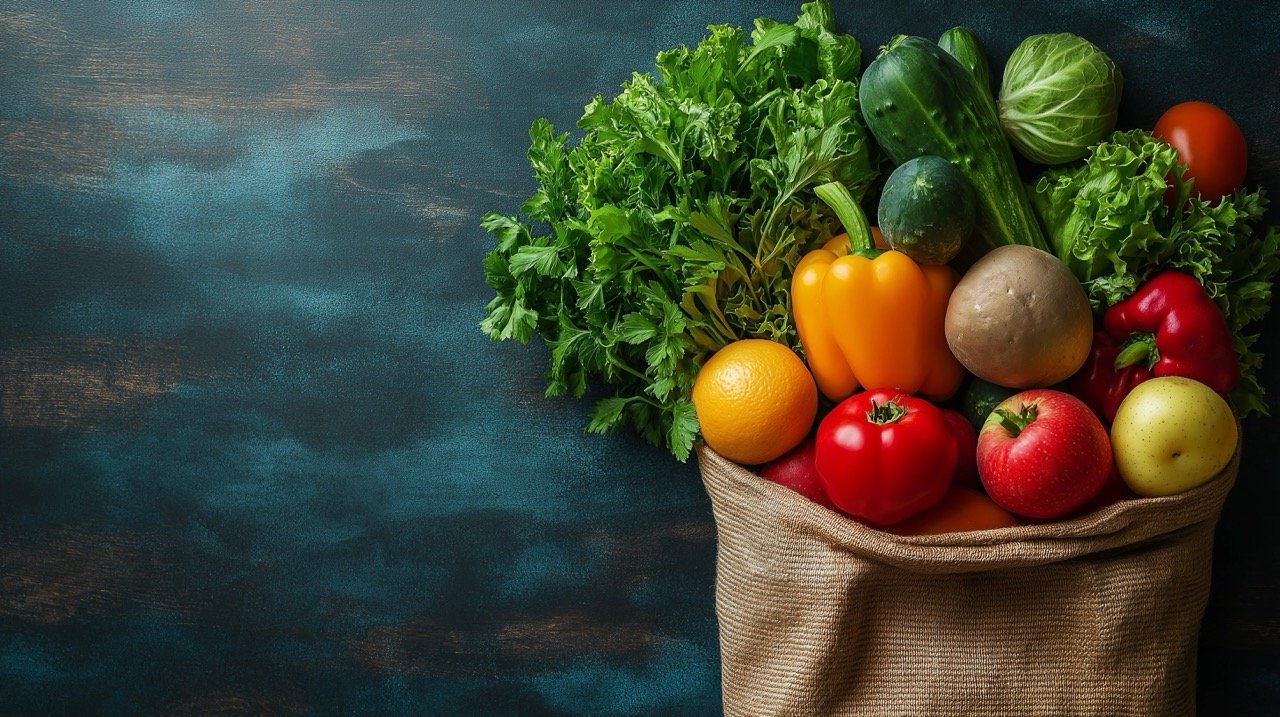 Full Shopping Bag of Fresh Vegetables and Fruits Healthy Eating Choices Flat Lay Food Image