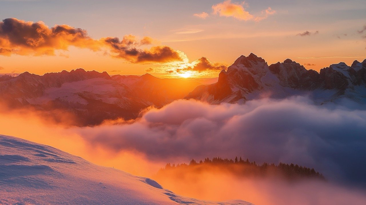 Golden Hour Mountain Landscape Winter Snow and Cloudy Skies, Nature Wallpaper with Orange Sunset and Sunrise for Desktop