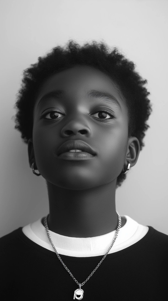 Grayscale Image of Boy in Crew Neck Shirt, Nigeria, Featuring Jewelry Accessory and Pendant Close-Up