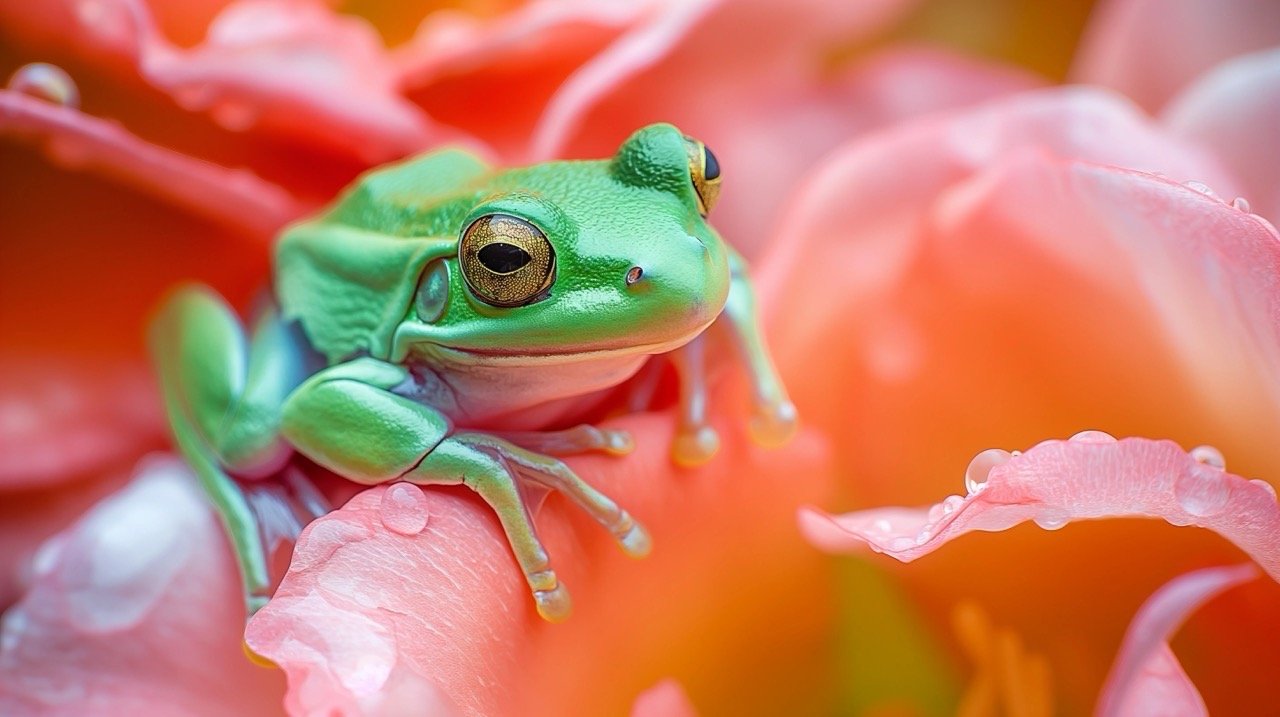 Green Frog and Pink Rose Animal Images, Frog Pictures, Flower Photos, Nature and Amphibian Backgrounds Large