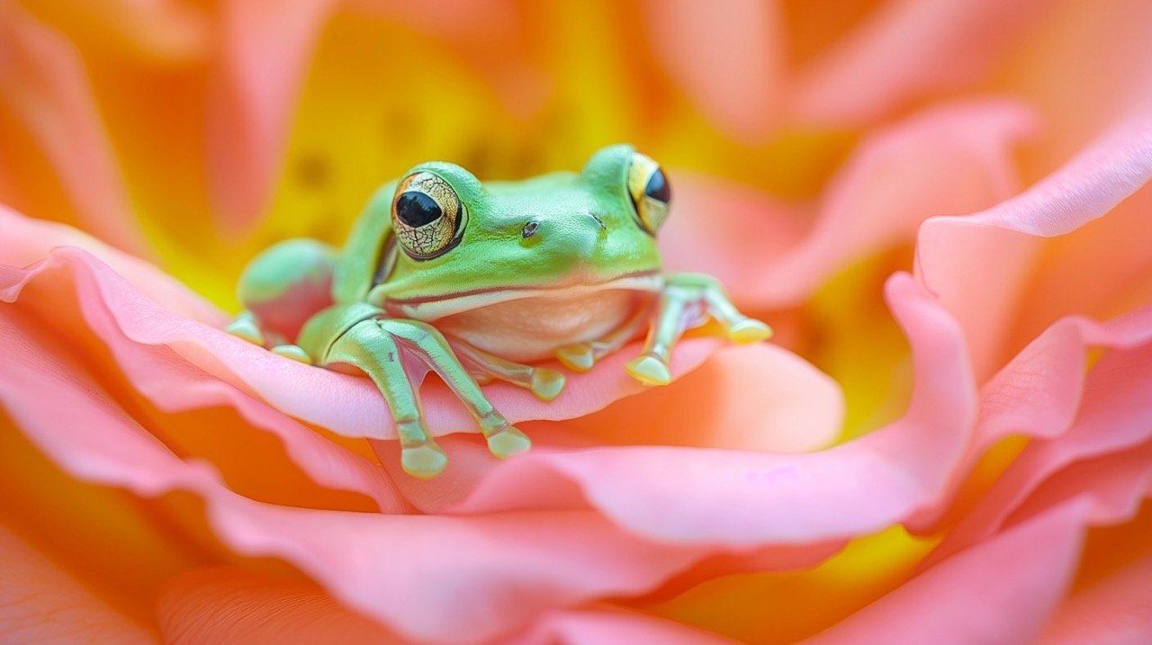 HD Images of Green Frog on Pink Rose Amphibian Pictures, Flower Photography, Nature and Animal Backgrounds Large