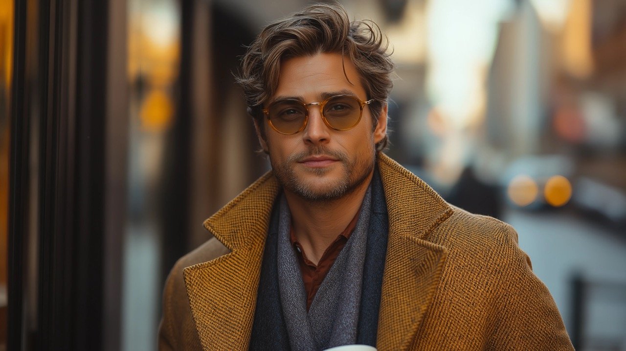 Handsome Young Gentleman in Downtown, Fashionably Dressed with Sunglasses, Holding Coffee Cup on City Street