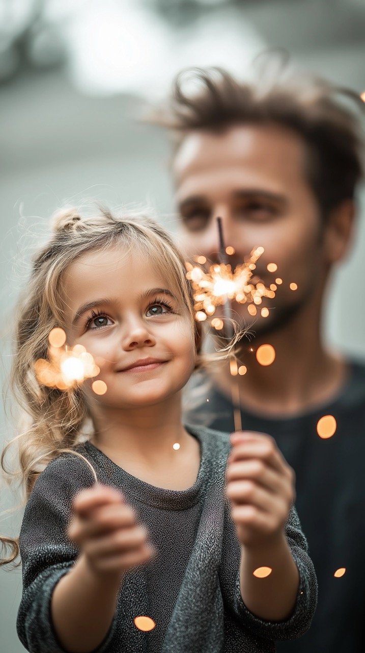 Happy Family Moment Father and Daughter Holding Sparklers, Sharing Love and Joy Together