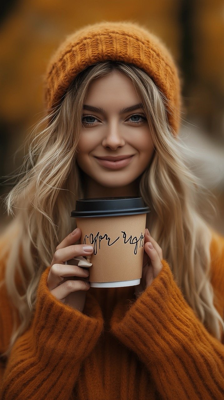 Happy Woman with Coffee Cup and Lid, Standing in Front of Brown Background, Autumn Imagery