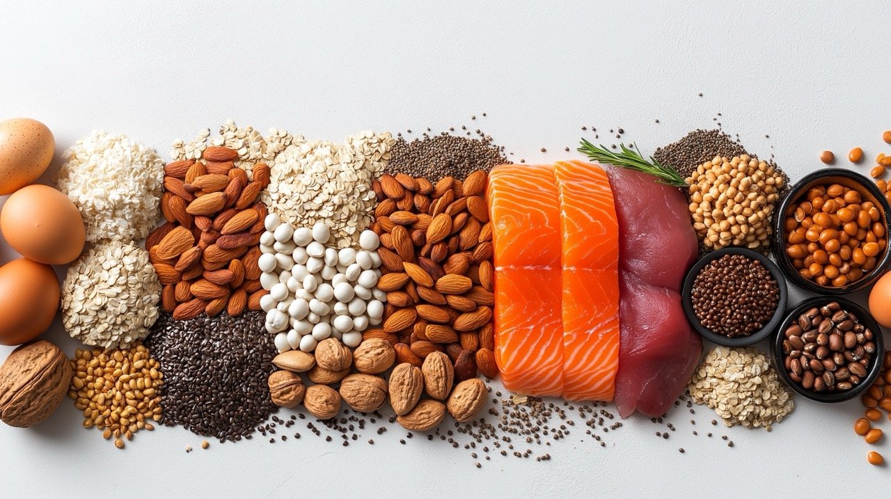 Healthy High Protein Foods for Muscle Building Meat, Fish, Eggs, Dairy, Buckwheat, Nuts, Oatmeal