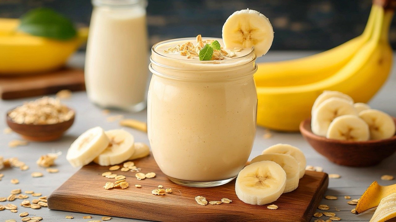 Healthy Vegan Banana Oatmeal Smoothie – Stylish Stock Photo Featuring Glass Jar and Light Background