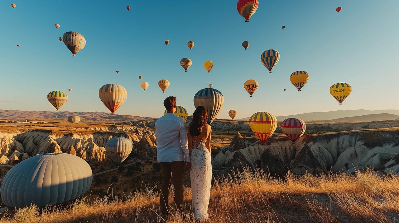 Honeymoon in Cappadocia | Couple Proposing Among Balloons | Romantic Travel Photo | Turkey Balloon Adventure