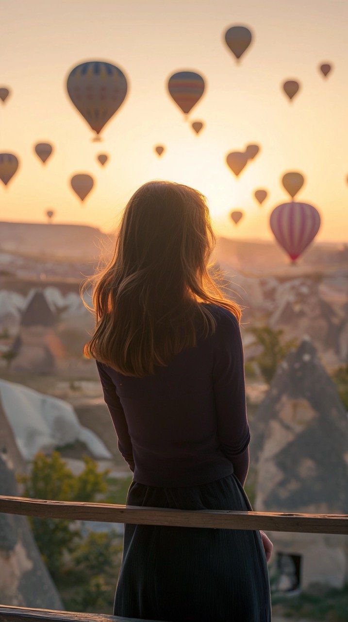 Hot Air Balloons and Female Tourist on Rooftop – Dreamlike Vacation Stock Photo