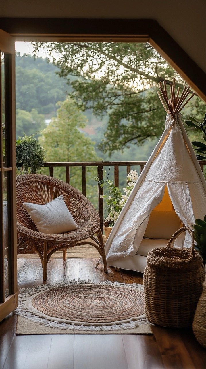 Interior Design of Cozy Room with Wicker Furniture, Wigwam on Terrace, and Comfortable Armchair