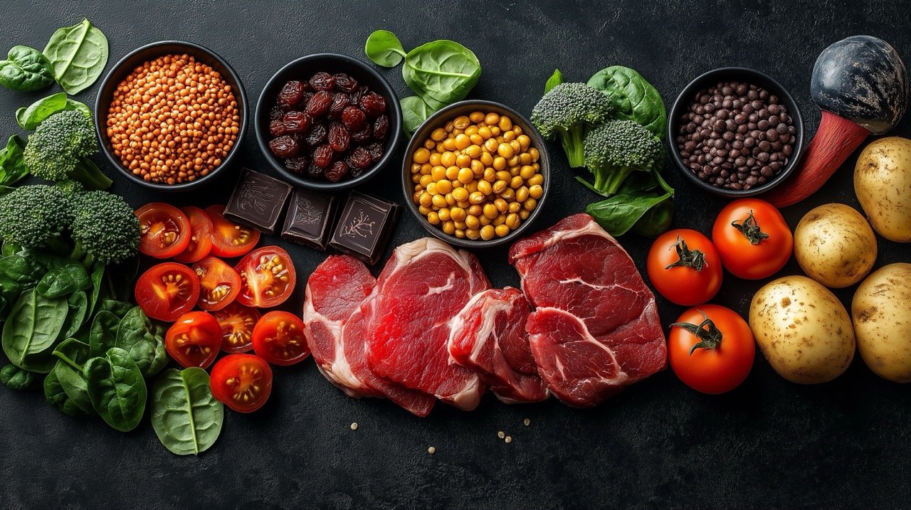 Iron-Rich Foods Assortment Beef, Liver, Cashews, and Raisins Displayed on Dark Background