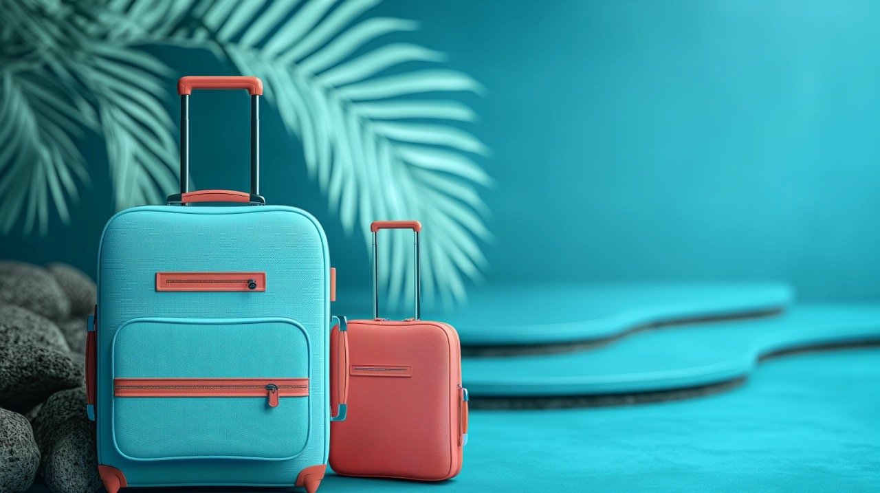 Journey and Vacation Concept on Blue Background – Travel Stock Photo Featuring Suitcase