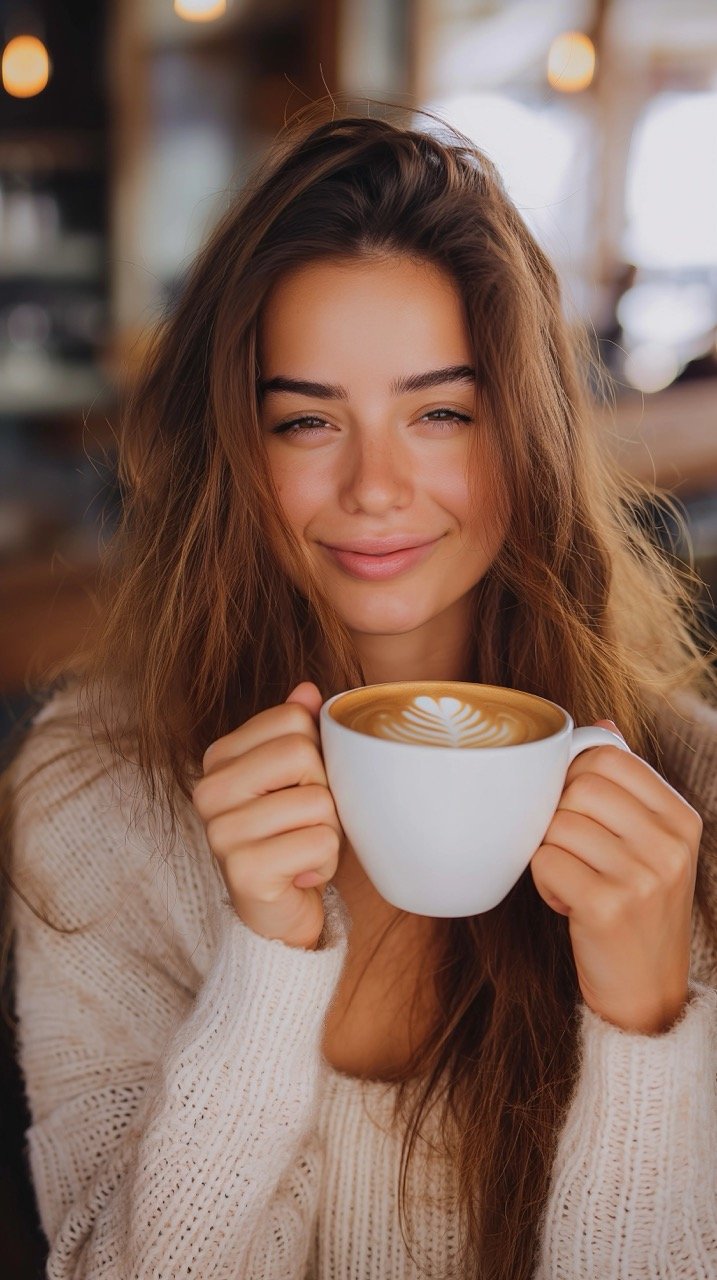 Joyful Young Woman with Cappuccino – Elegant Stock Photo of Café Experience and Coffee Drink