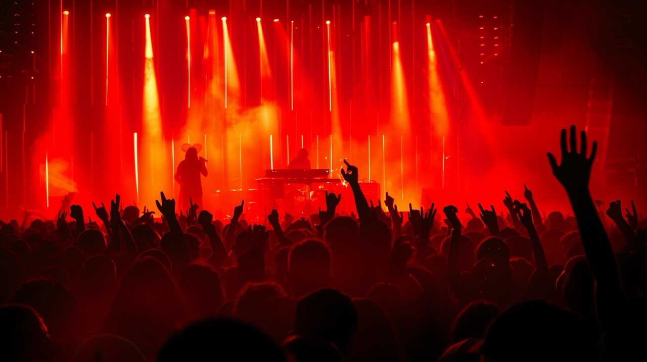 Lisboa Concert Silhouettes People with Red Lights Raised Hands and Passionate Fists at Rock Event