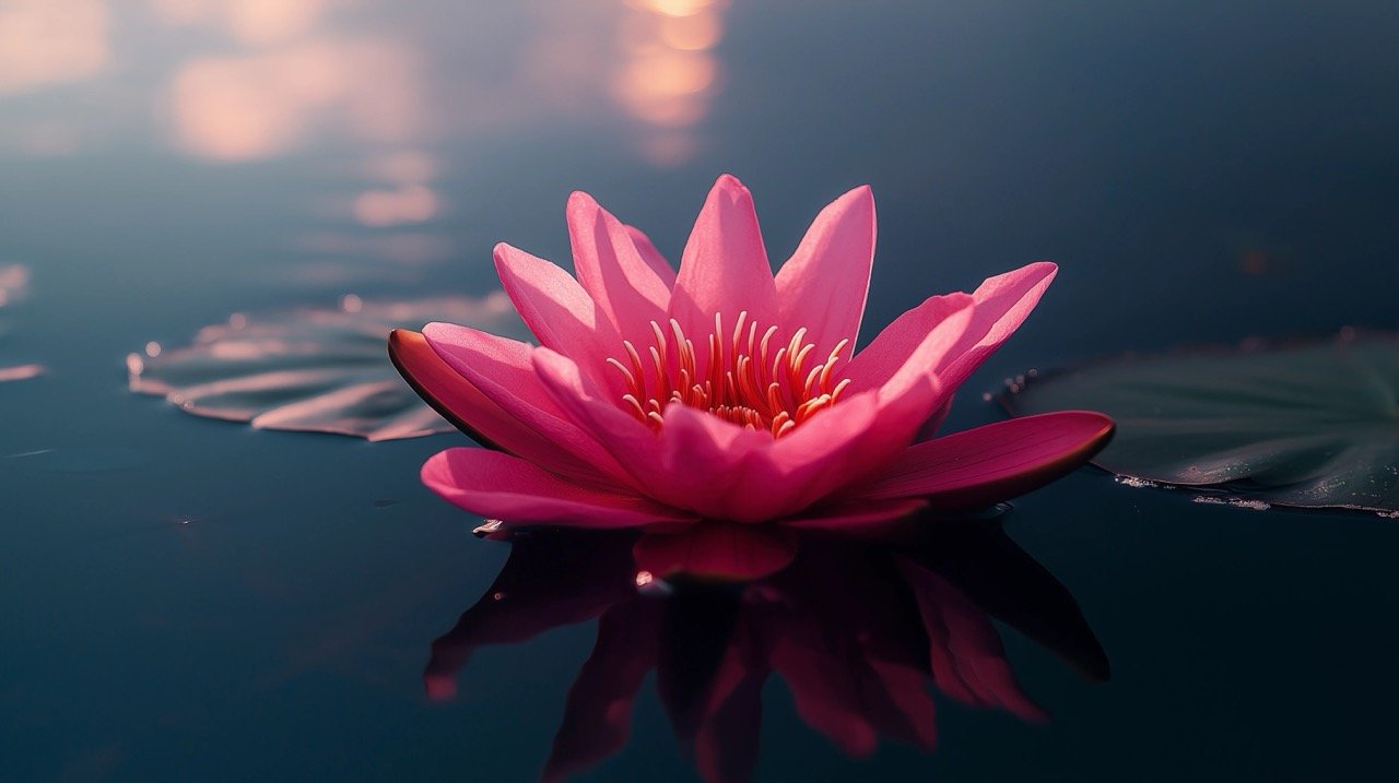 Maldives Sunrise with Pink Flowers on Water Serene Nature Background for Meditation, Yoga, and Tranquility