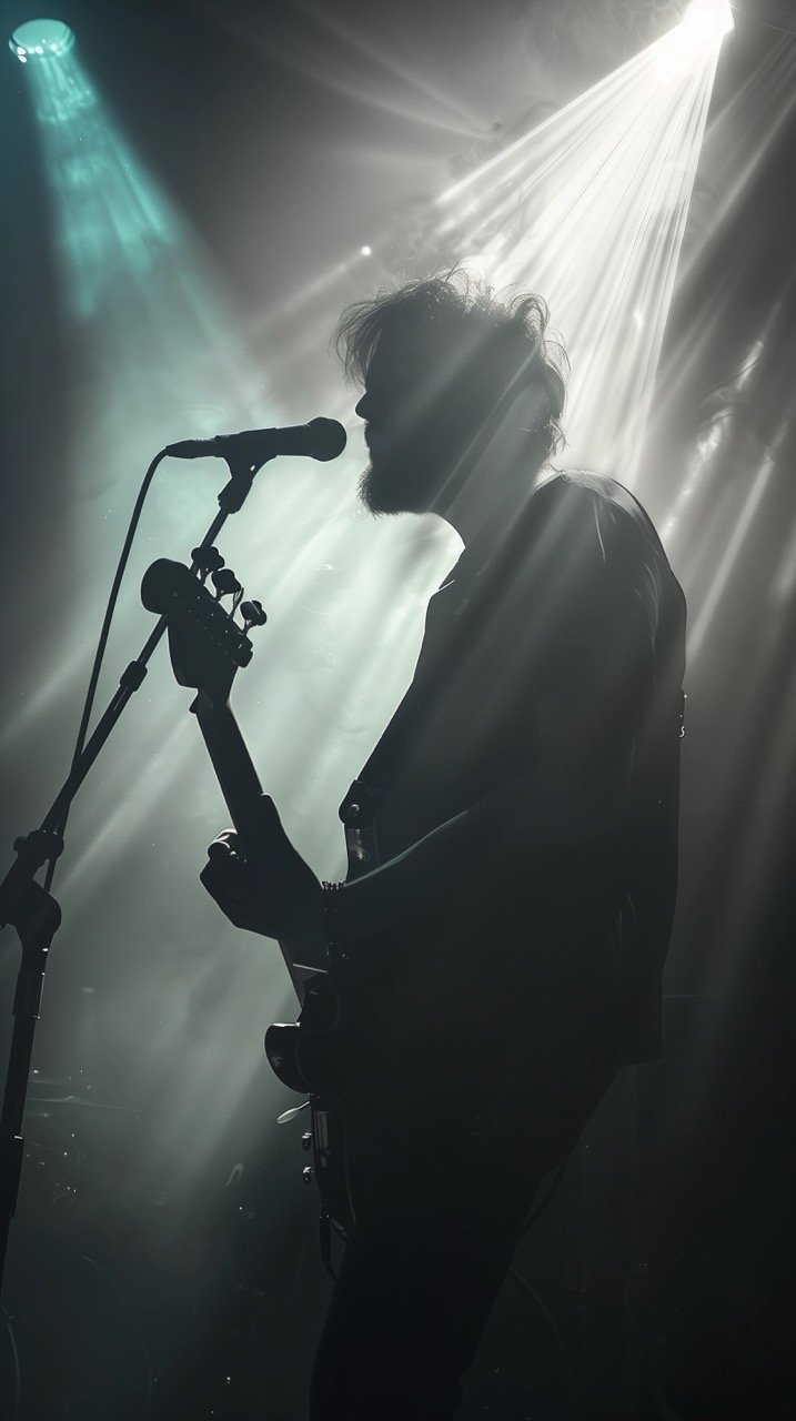 Man Holding Electric Guitar at Live Music Gig – São Paulo Brazil Café Light Musician Performance