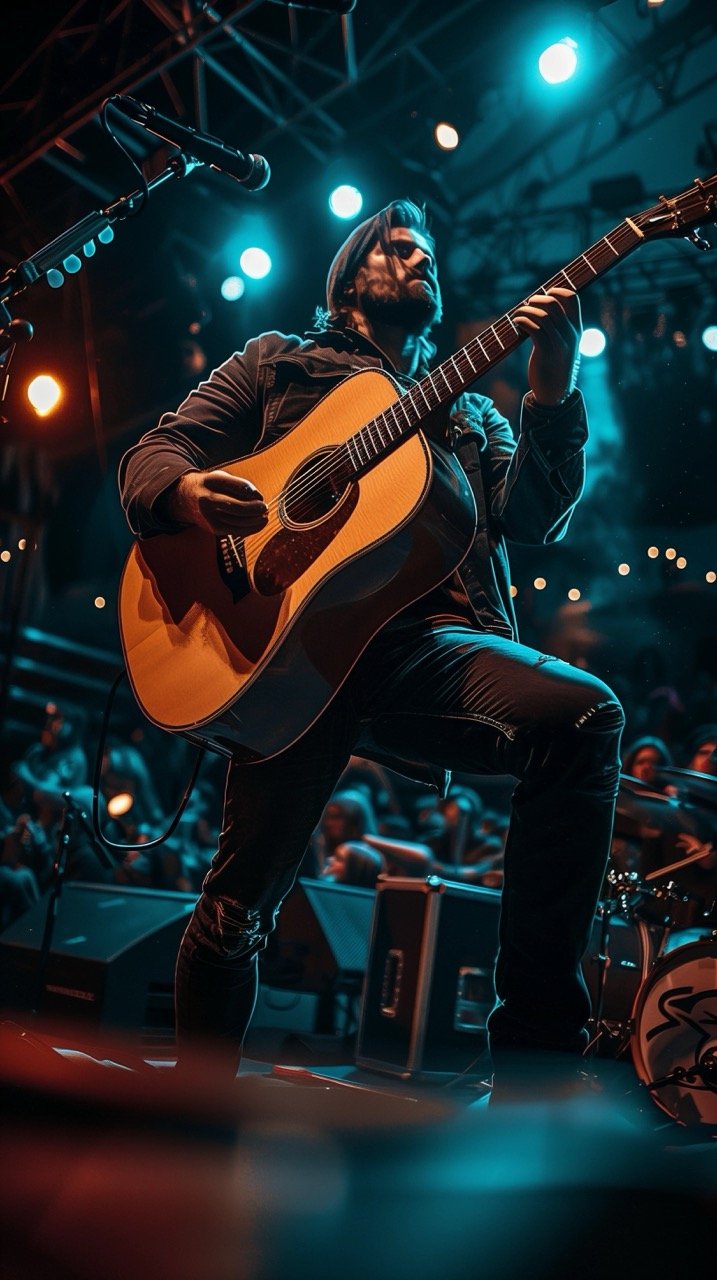 Man Playing Acoustic Guitar on Stage at Concert – Musician in Action with Crowd and Lighting