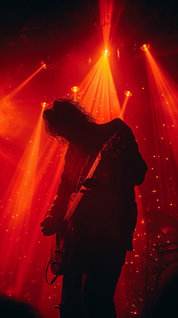 Man Playing Guitar Silhouette on Stage at Les Étoiles Paris – Rock Music Concert and Festival