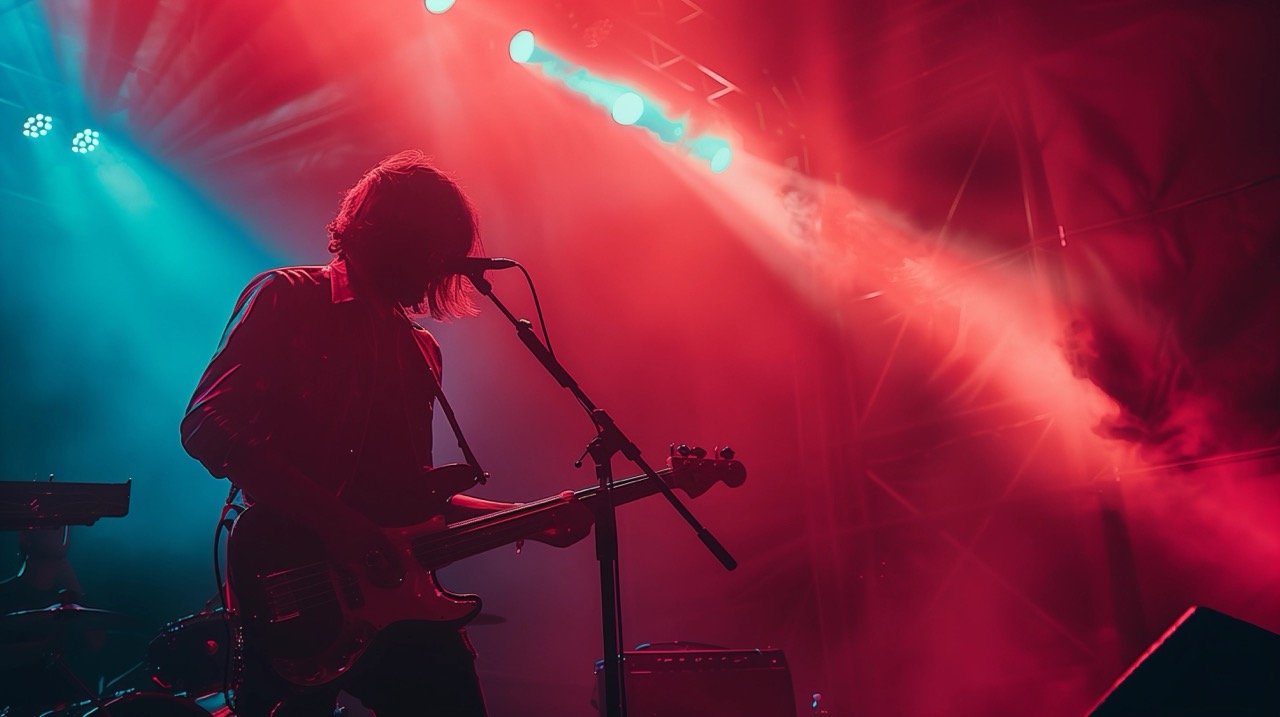 Man Playing Guitar at Rock Concert – Neon Lights and Laser Stage Effects in Guatemala