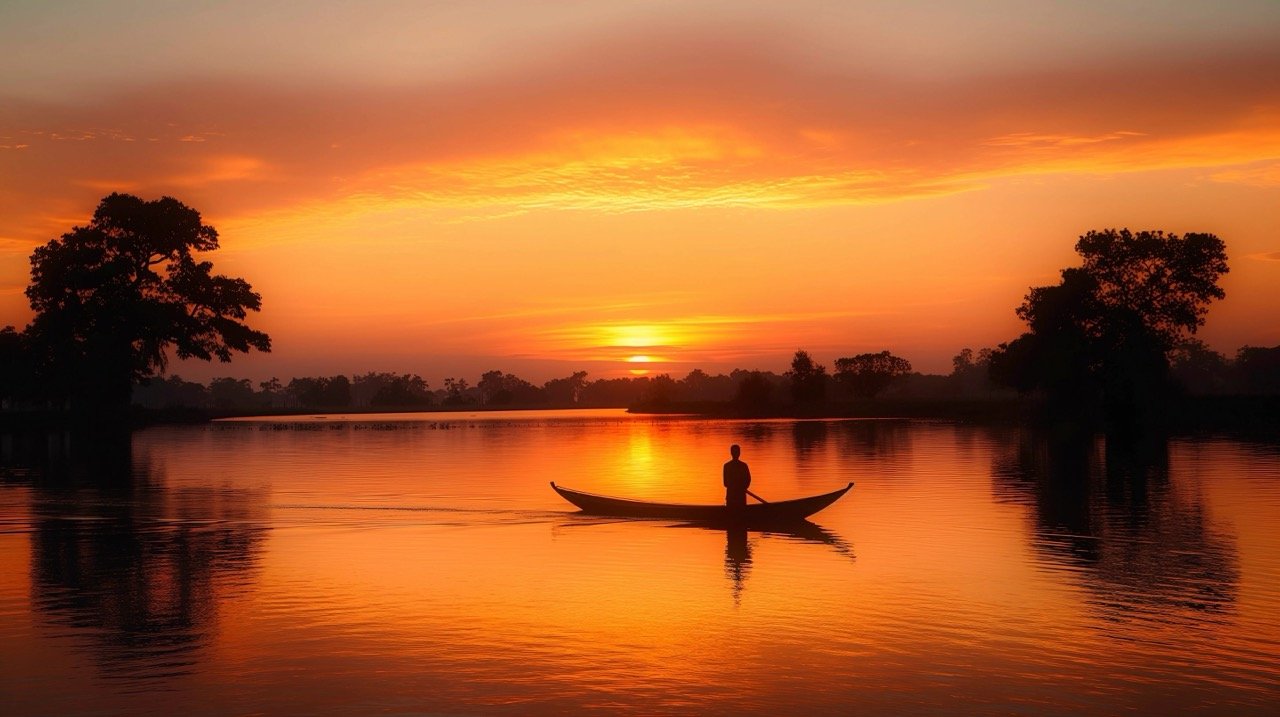 Man Rowing Boat at Sunset in Flooded Paddy Field | Stock Photo | Travel Destinations, India, Nautical Romance